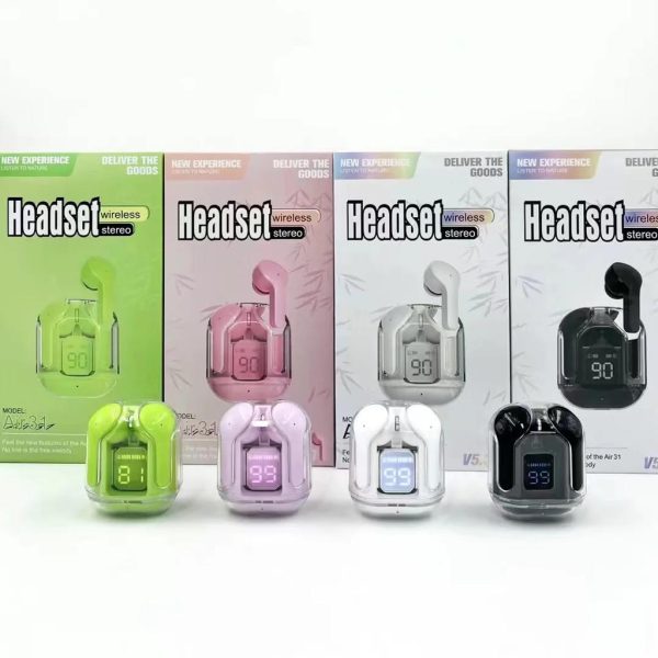 Air31 Earbuds Wireless Crystal Transparent Body – Without Silicone Pouch ( Random Color )