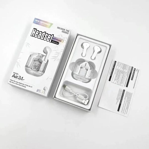 Air31 Earbuds Wireless Crystal Transparent Body – Without Silicone Pouch ( Random Color )