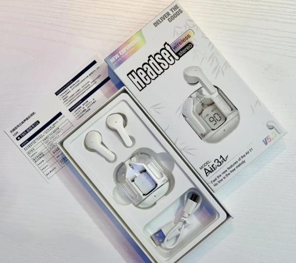 Air31 Earbuds Wireless Crystal Transparent Body – Without Silicone Pouch ( Random Color )
